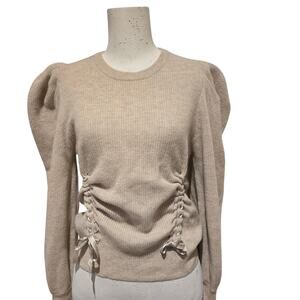Autumn Cashmere 100% Cashmere Pleated Puff Sleeve Ribbon Laced Ruched Sweater-S